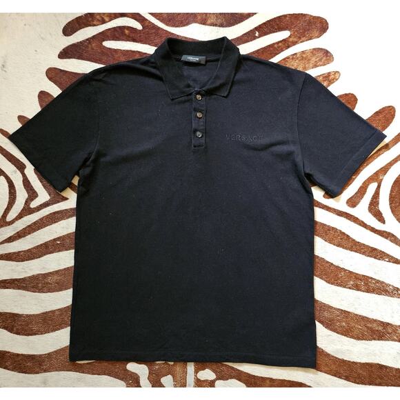 Versace Collection Polo Shirt Black Embroidered Short Sleeve Sz L - Picture 1 of 7